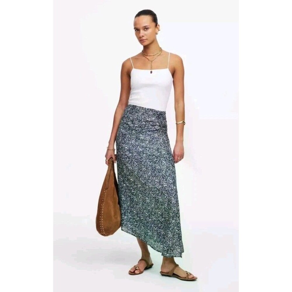 Madewell Midi Skirt Women’s Size 8 Side Ruched Asymmetric Geometric Navy White